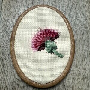 Vintage Framed Cross Stitch Simple Pink Flower  4.5" x 6"